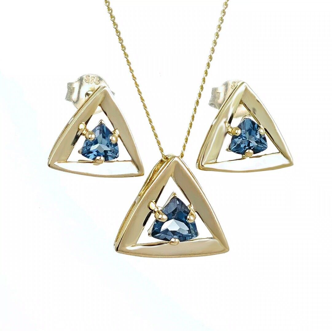 9ct Gold London Blue Topaz Set Pendant Stud Earrings Natural Trillion Gemstones