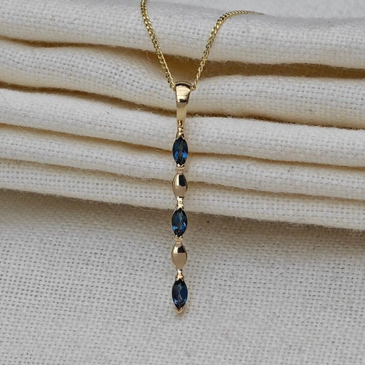 9ct Gold Pendant London Blue Topaz Marquise Gemstones