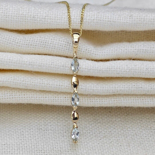 9ct Yellow Gold Aquamarine Necklace Natural Blue Marquise Gemstones