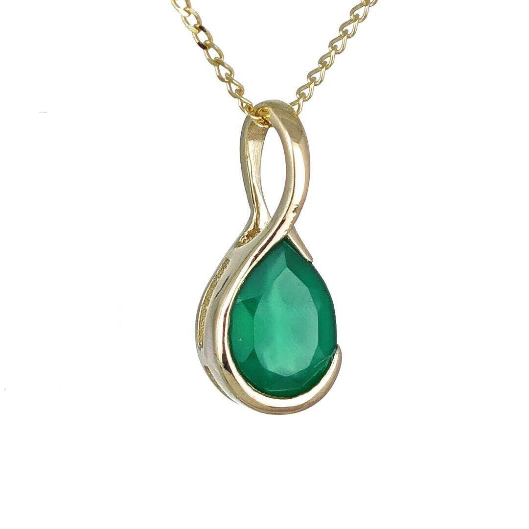 9ct Yellow Gold Necklace Infinity Loop Green Natural Onyx Gemstone Handmade