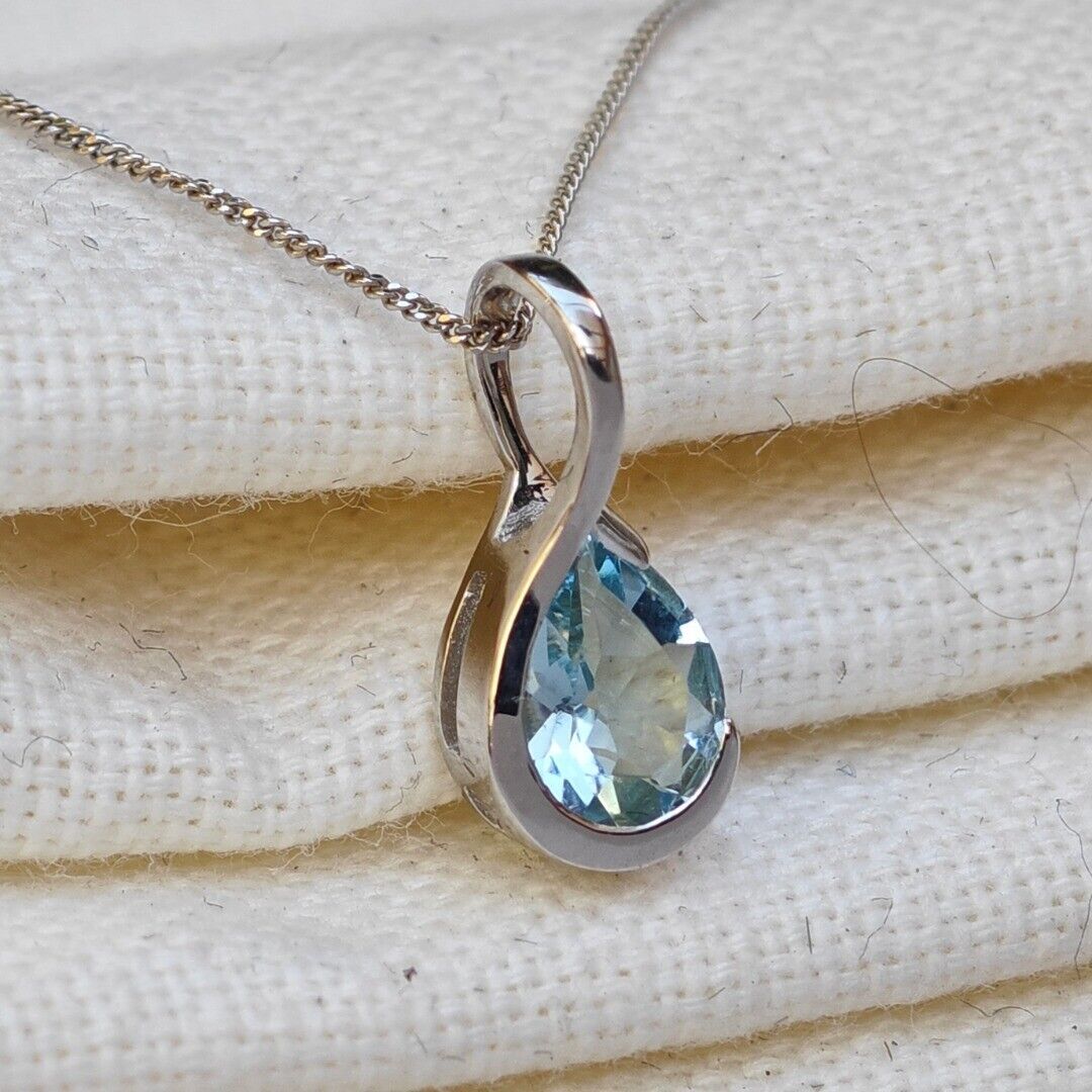 9ct White Gold Aquamarine Necklace Infinity Loop Natural Blue Gemstone