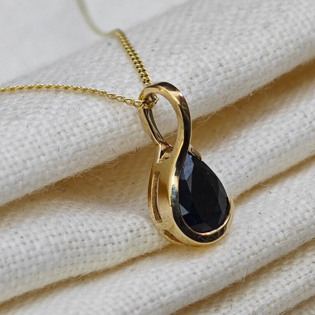 9ct Yellow Gold Sapphire Necklace Infinity Loop Natural Inky Blue Gemstone