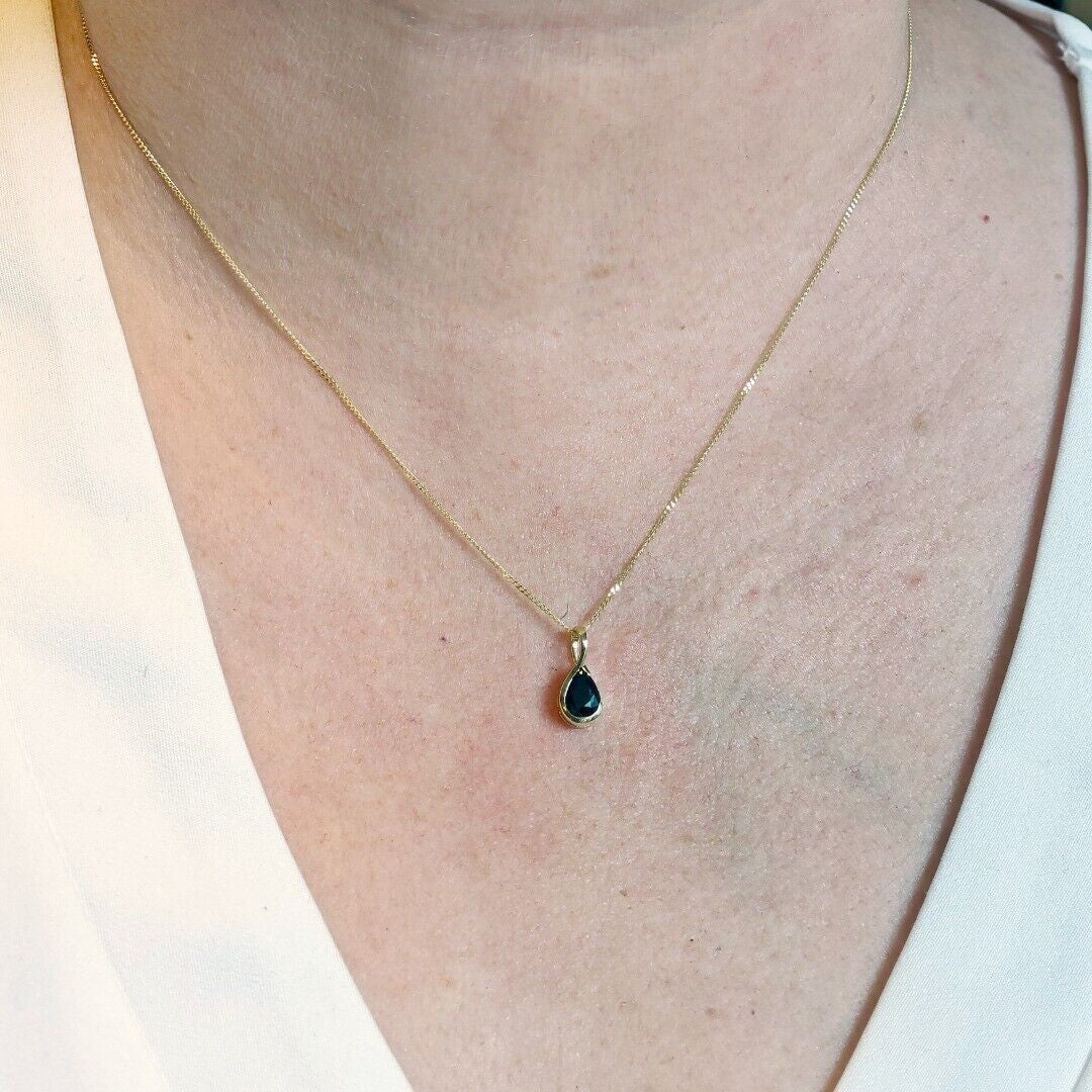 9ct Yellow Gold Sapphire Necklace Infinity Loop Natural Inky Blue Gemstone