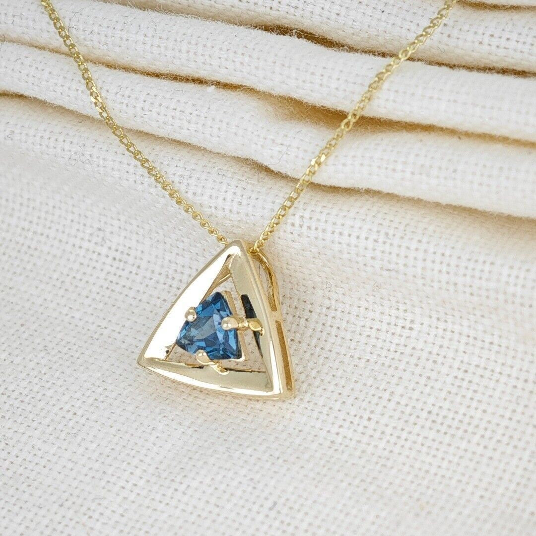 9ct Yellow Gold Topaz Pendant Natural Treated London Blue Trillion Gemstone