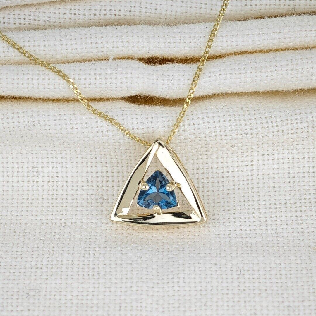 9ct Yellow Gold Topaz Pendant Natural Treated London Blue Trillion Gemstone
