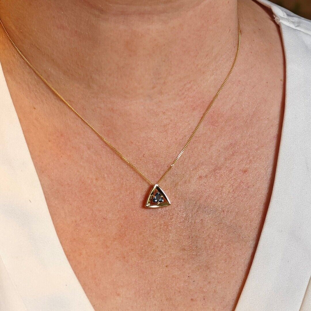 9ct Yellow Gold Topaz Pendant Natural Treated London Blue Trillion Gemstone