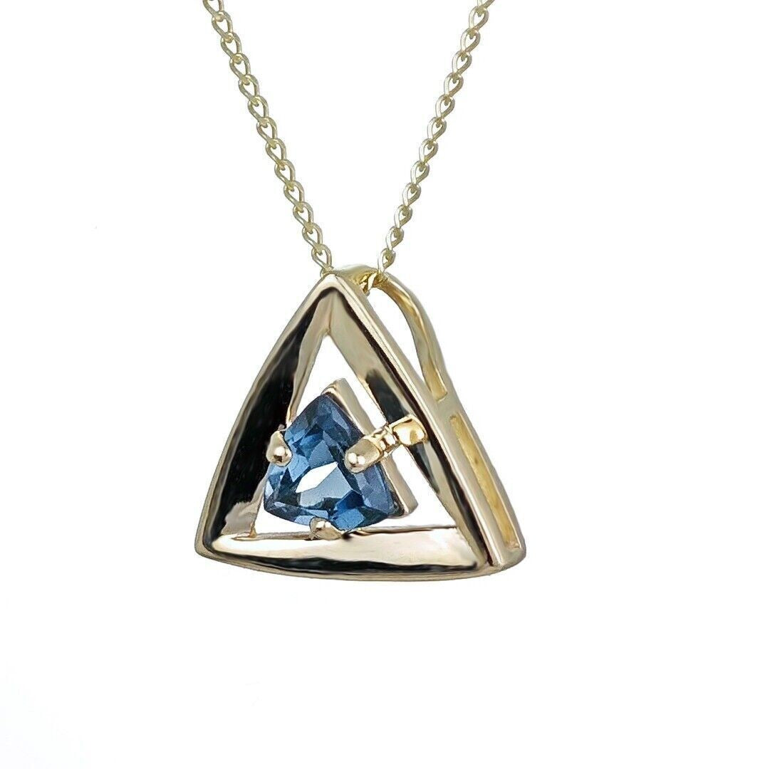 9ct Yellow Gold Topaz Pendant Natural Treated London Blue Trillion Gemstone
