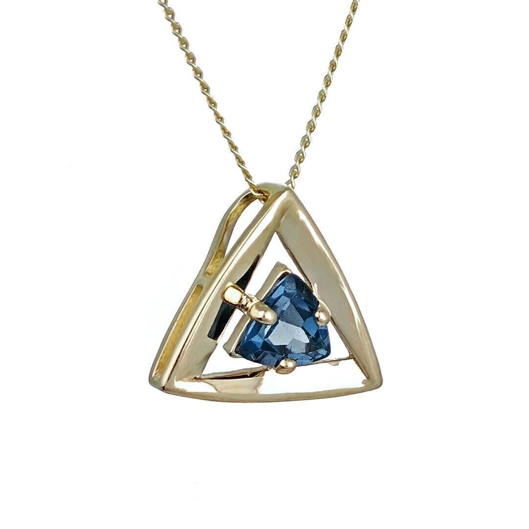 9ct Yellow Gold Topaz Pendant Natural Treated London Blue Trillion Gemstone