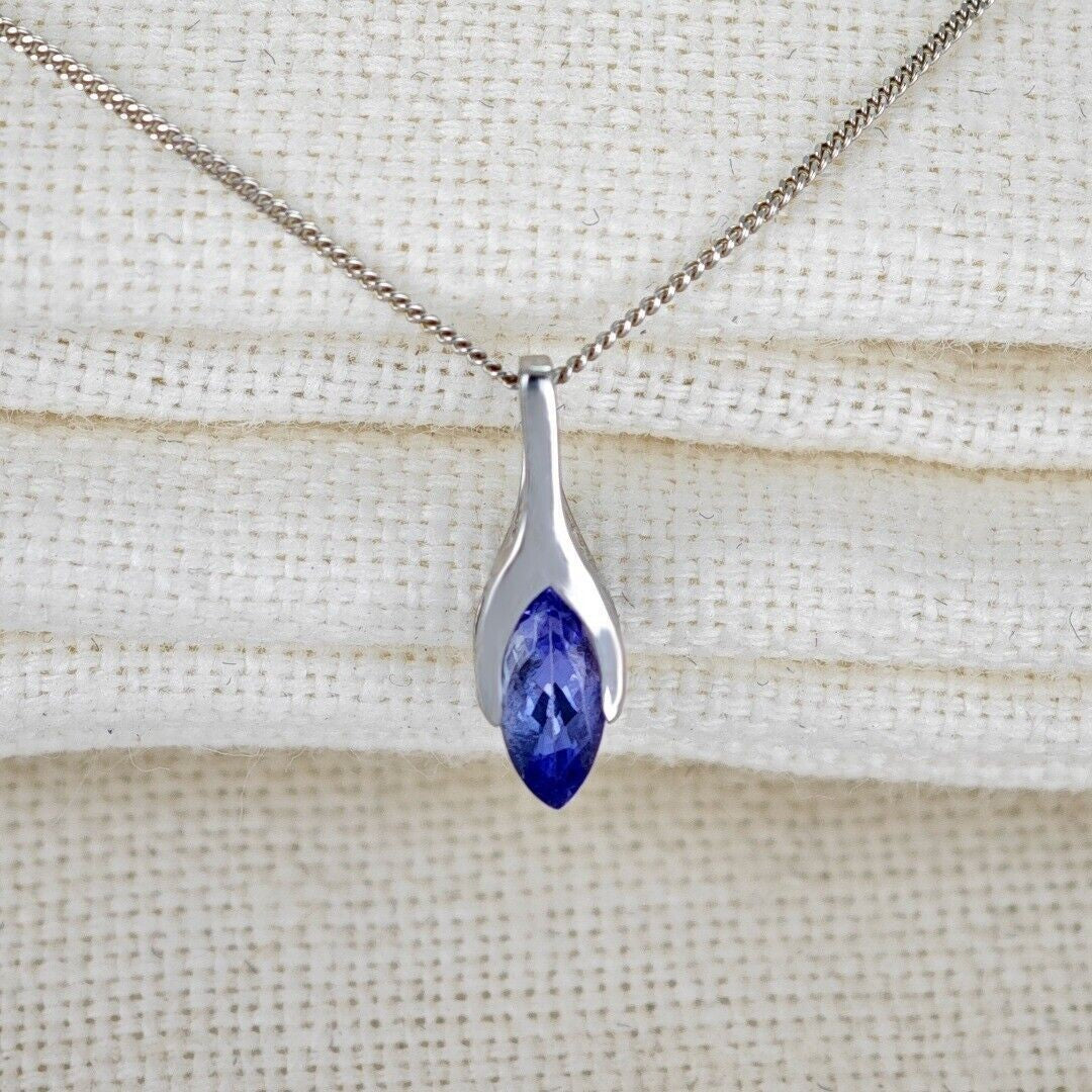 9ct White Gold Tanzanite Pendant SMALL Minimalist Marquise Blue Natural Gemstone