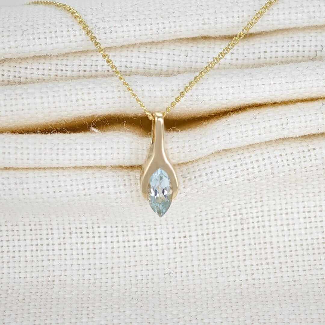 9ct Gold Aquamarine Pendant Minimalist Marquise