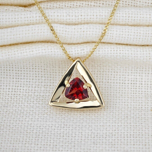 9ct Gold Garnet Necklace Red Trillion Gemstone Pendant