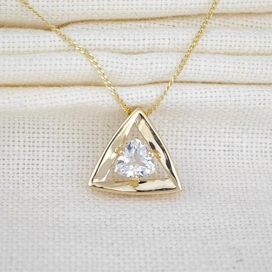 9ct Yellow Gold Topaz Necklace Natural White Trillion Gemstone Pendant