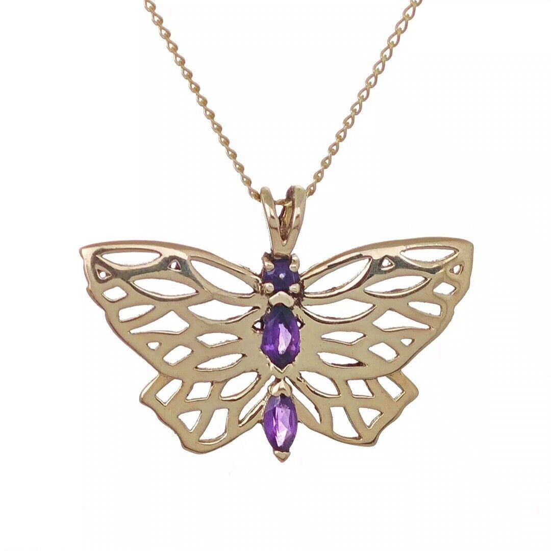 9ct Gold Amethyst butterfly Necklace Hallmarked Pendant