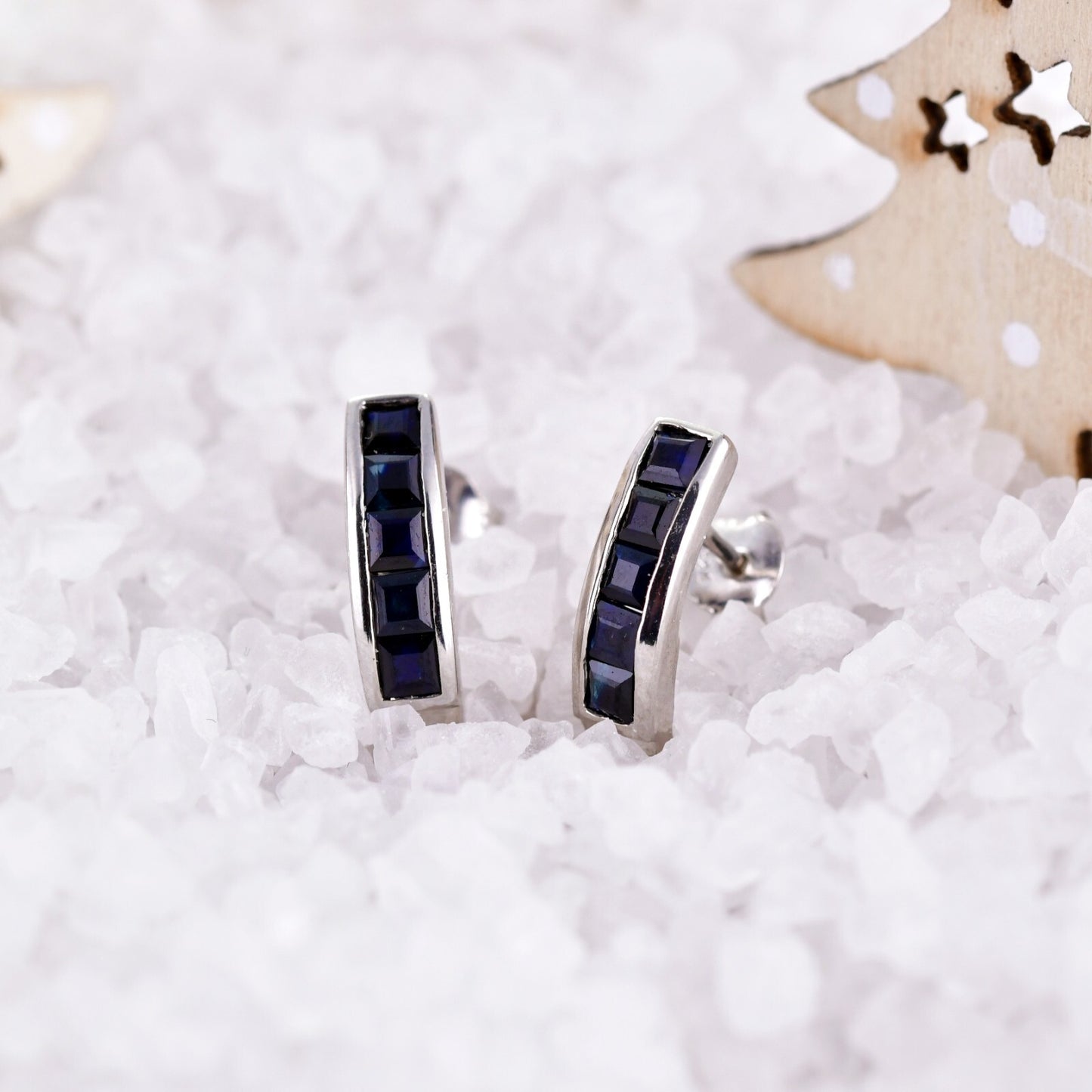 Sterling Silver Earrings Hoop Half Sapphire Ink Blue Oval Womens