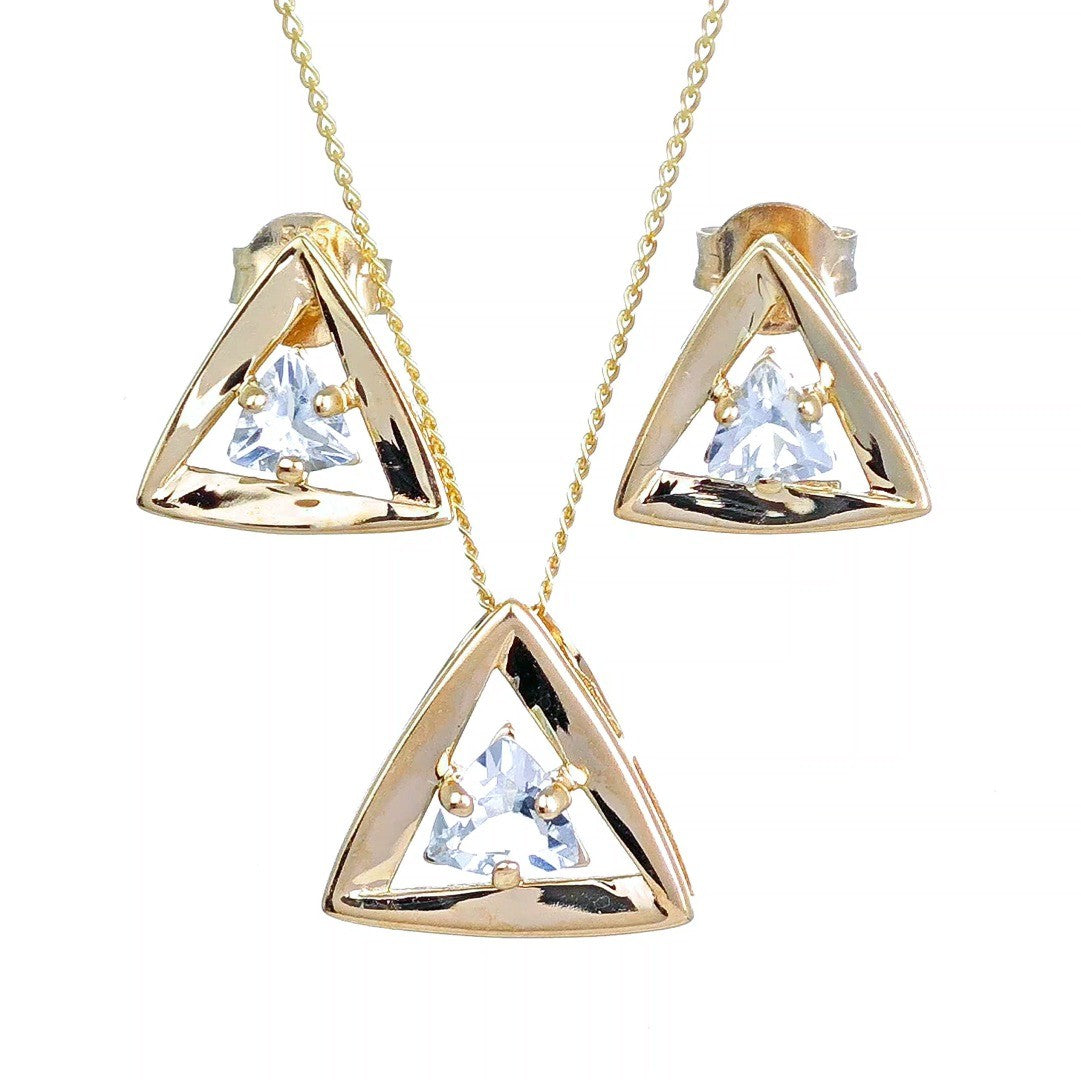 aquamarine set pendant earrings 9ct yellow gold trillion designed in the UK