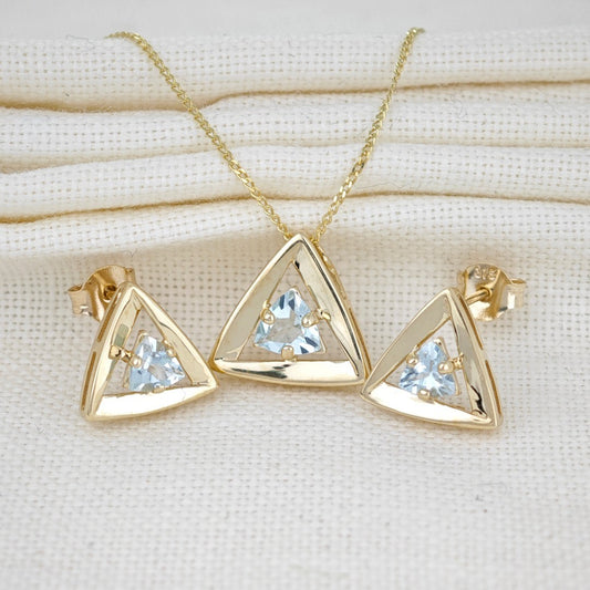 Aquamarine Set Pendant Earrings 9ct Yellow Gold Trillion