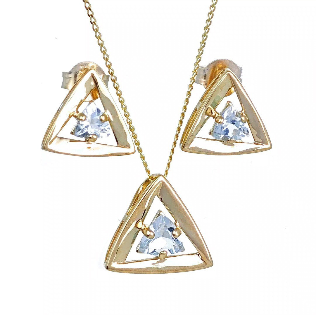 Aquamarine Set Pendant Earrings 9ct Yellow Gold Trillion