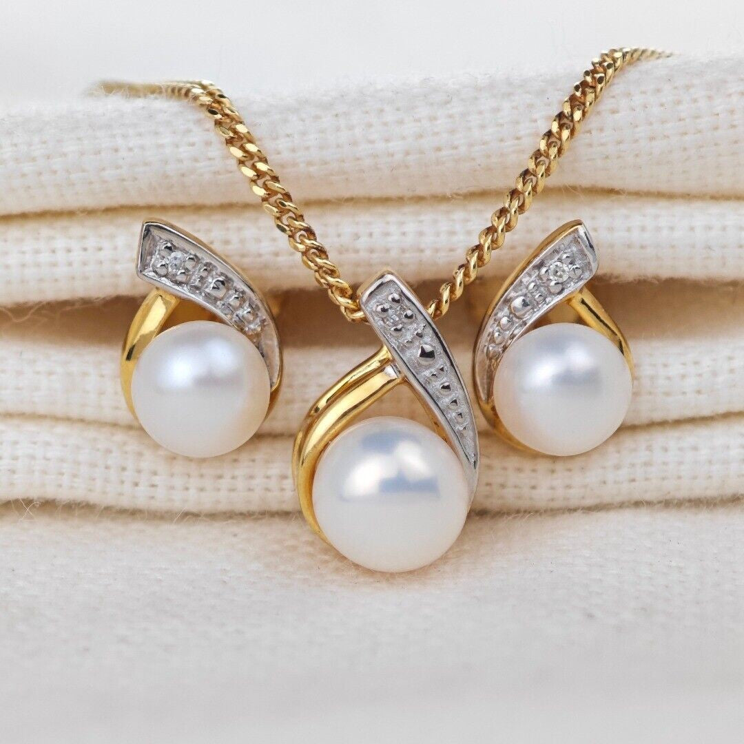 Pearl Necklace Diamond Earring Set Gold Plated Sterling Silver