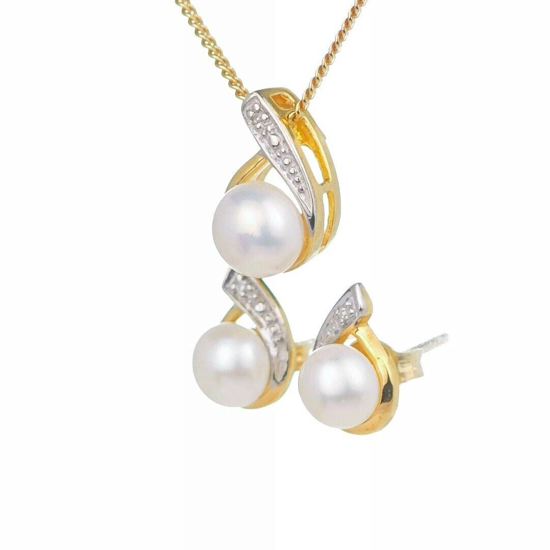 Pearl Necklace Diamond Earring Set Gold Plated Sterling Silver