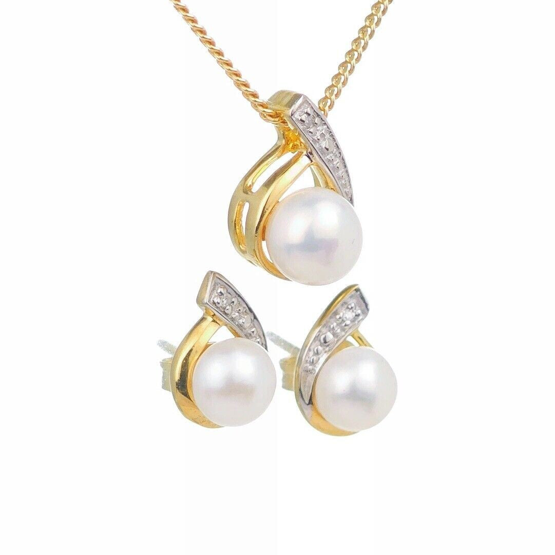 Pearl Necklace Diamond Earring Set Gold Plated Sterling Silver