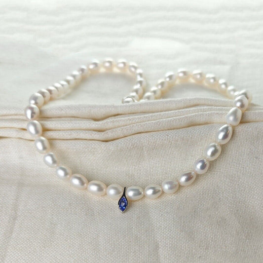 Pearl Tanzanite Necklace Sterling Silver Blue and Fresh Water White Handmade