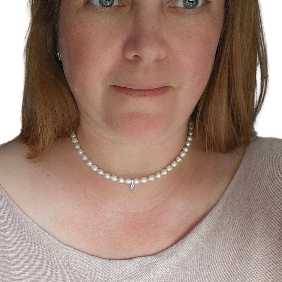Pearl Tanzanite Necklace Sterling Silver Blue and Fresh Water White Handmade