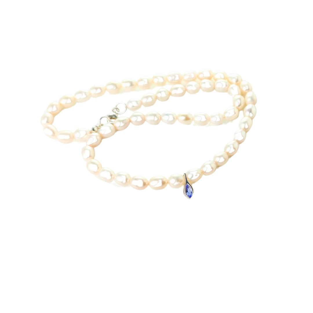 Pearl Tanzanite Necklace Sterling Silver Blue and Fresh Water White Handmade