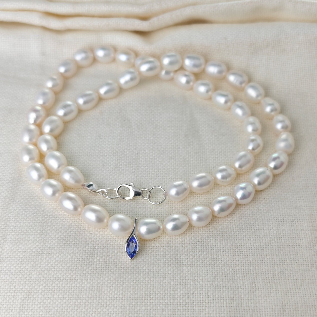 Pearl Tanzanite Necklace Sterling Silver Blue and Fresh Water White Handmade