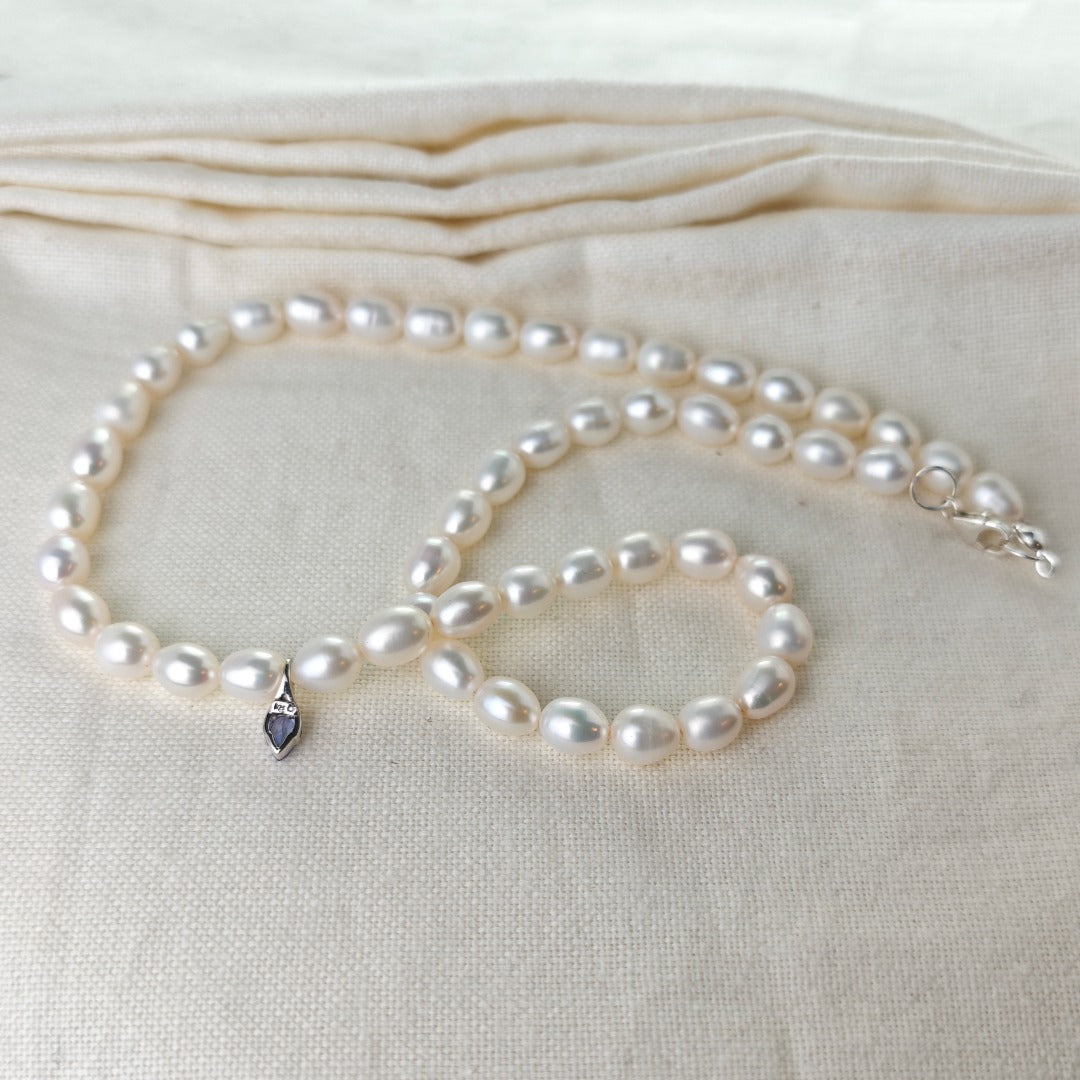 Pearl Tanzanite Necklace Sterling Silver Blue and Fresh Water White Handmade