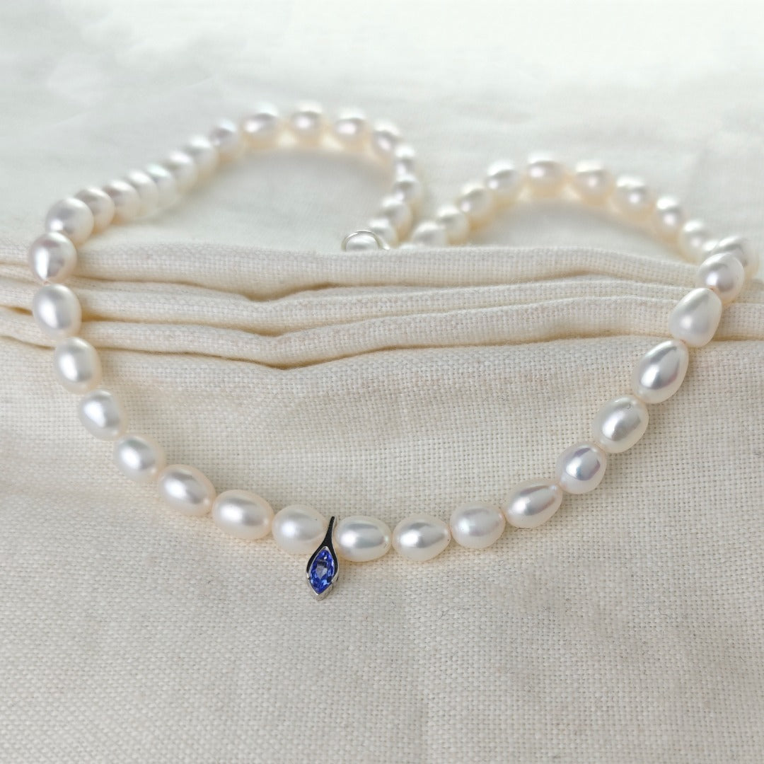 Pearl Tanzanite Necklace Sterling Silver Blue and Fresh Water White Handmade
