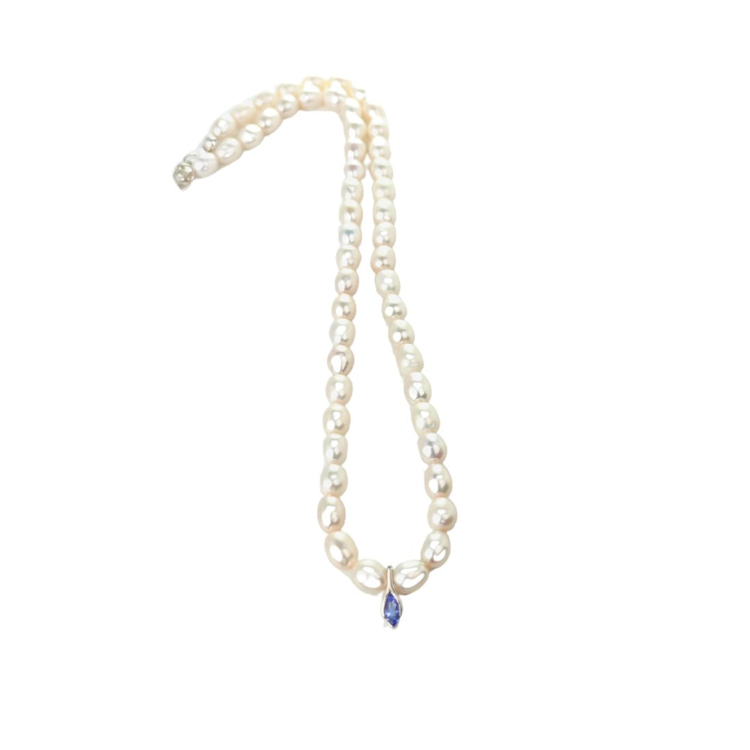 Pearl Tanzanite Necklace Sterling Silver Blue and Fresh Water White Handmade
