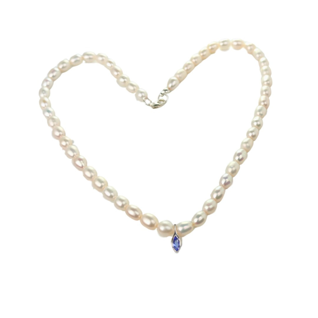 Pearl Tanzanite Necklace Sterling Silver Blue and Fresh Water White Handmade