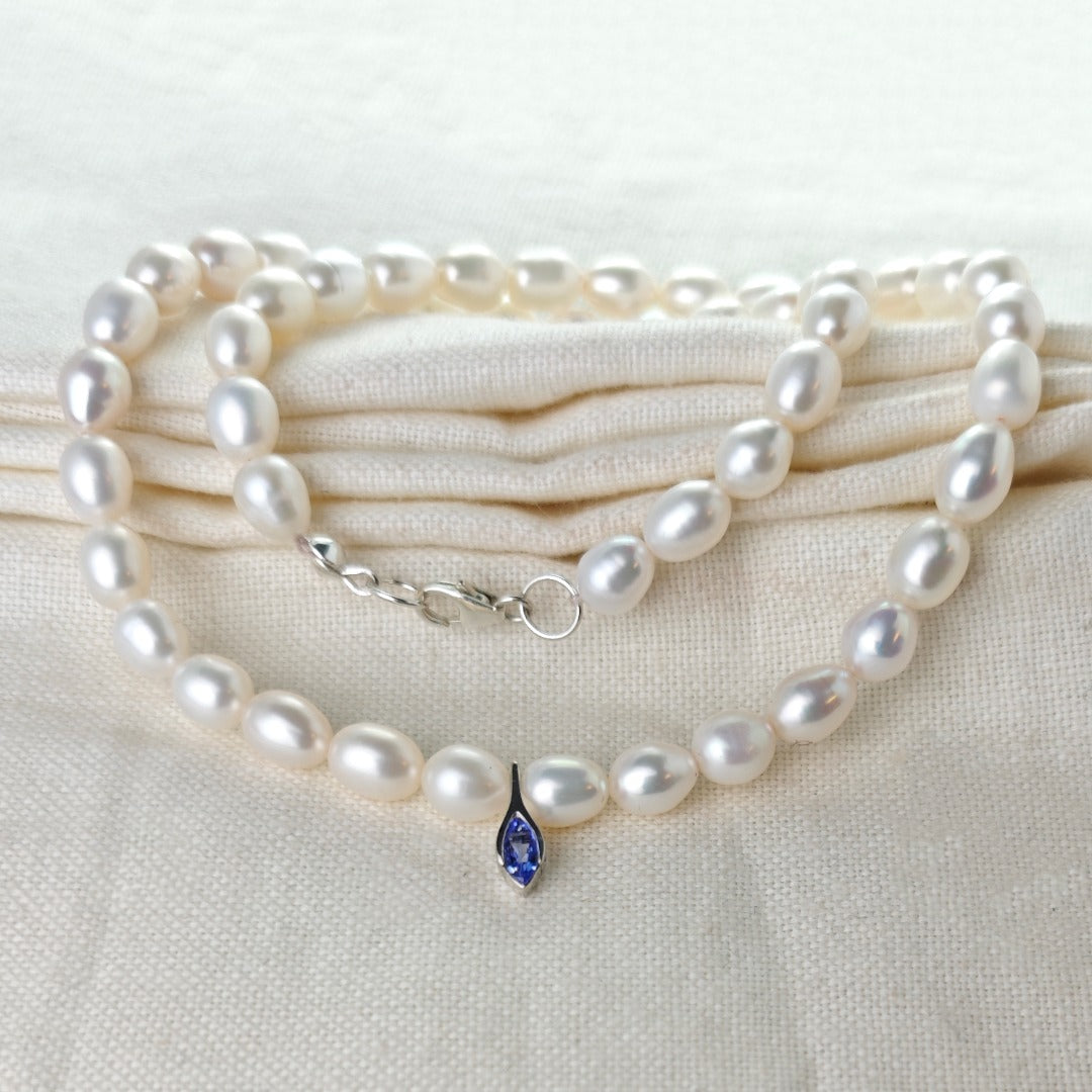 Pearl Tanzanite Necklace Sterling Silver Blue and Fresh Water White Handmade