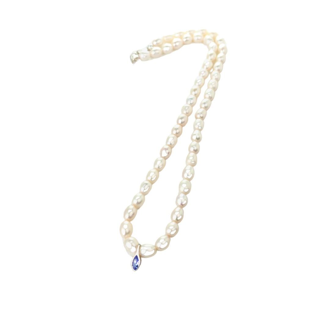 Pearl Tanzanite Necklace Sterling Silver Blue and Fresh Water White Handmade