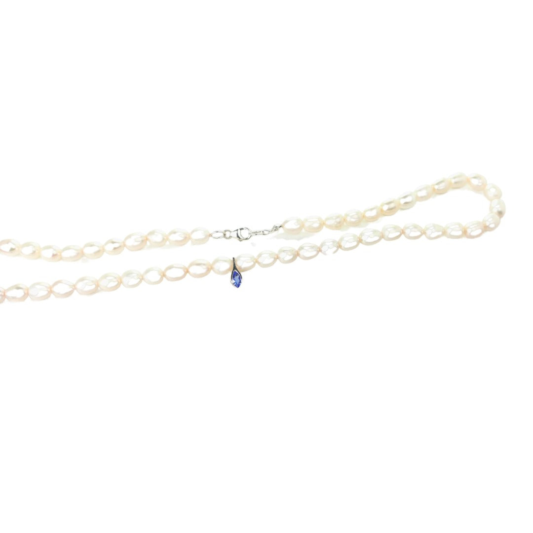 Pearl Tanzanite Necklace Sterling Silver Blue and Fresh Water White Handmade