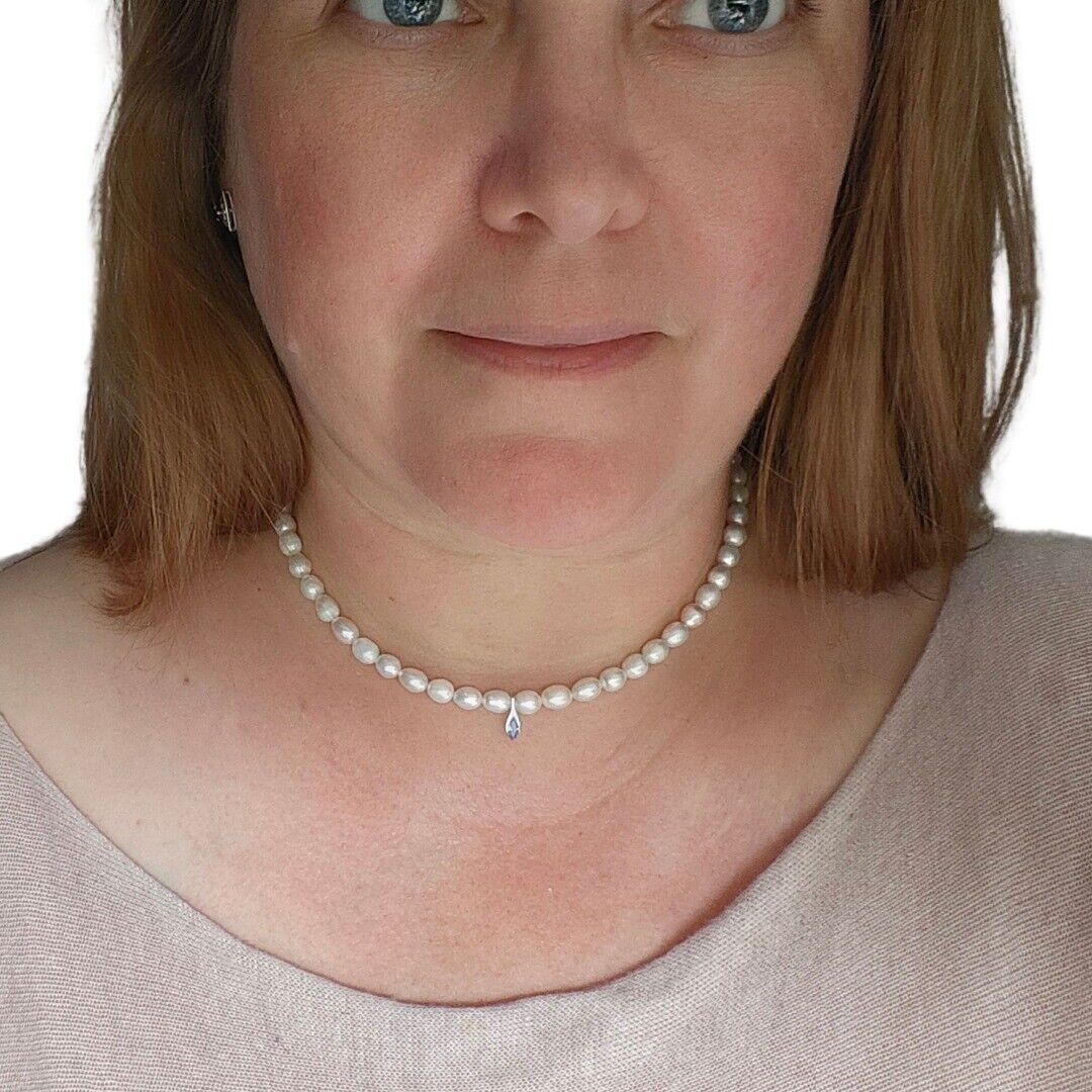 Pearl Tanzanite Necklace Sterling Silver Blue and Fresh Water White Handmade