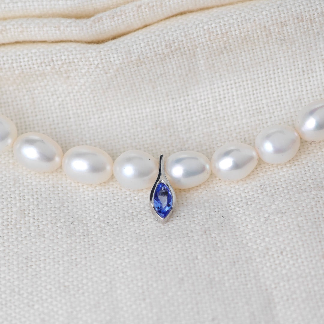 Pearl Tanzanite Necklace Sterling Silver Blue and Fresh Water White Handmade