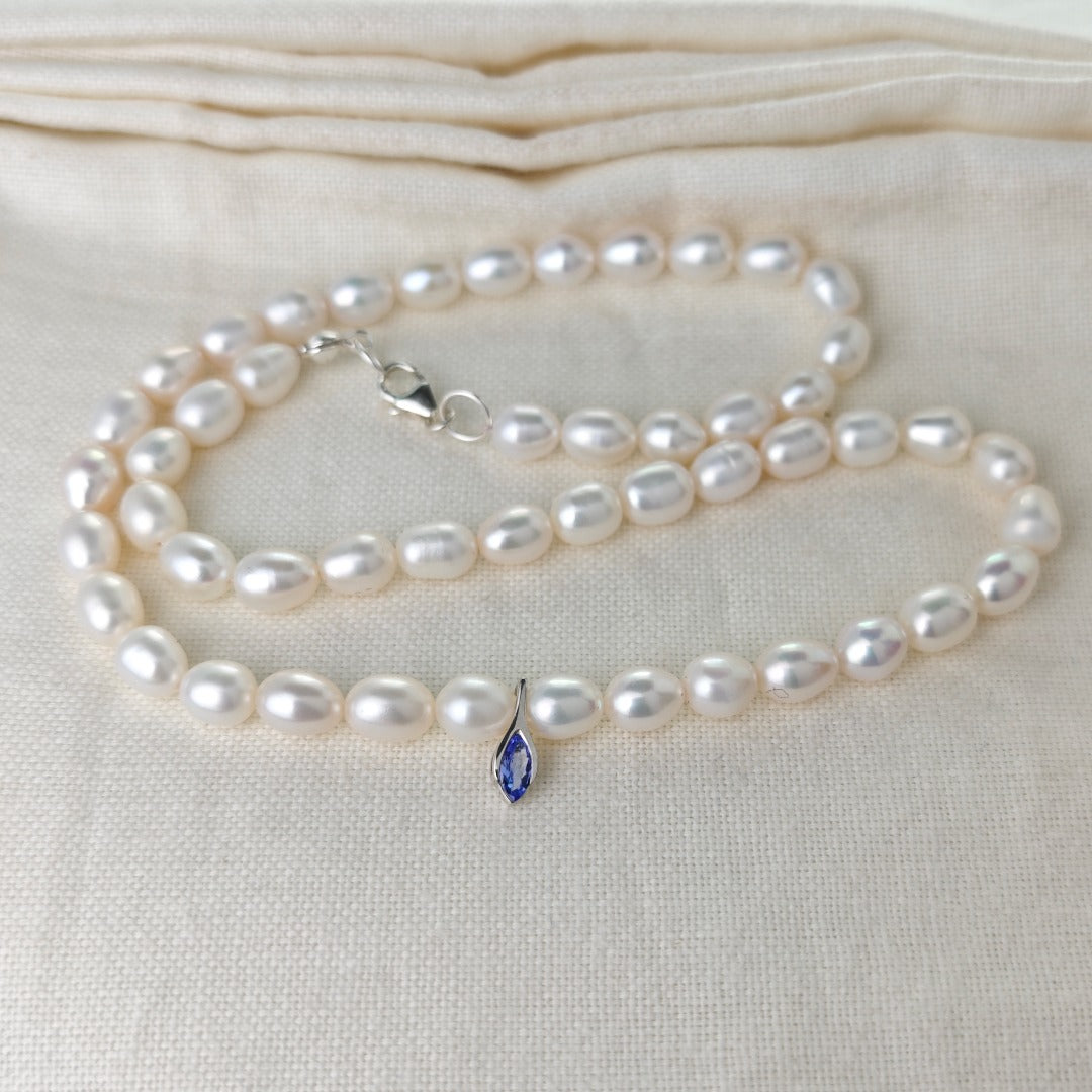 Pearl Tanzanite Necklace Sterling Silver Blue and Fresh Water White Handmade
