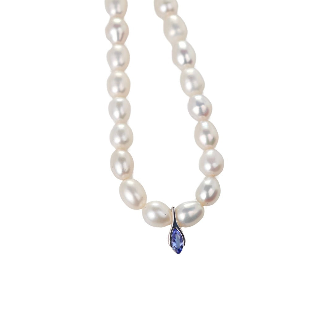 Pearl Tanzanite Necklace Sterling Silver Blue and Fresh Water White Handmade