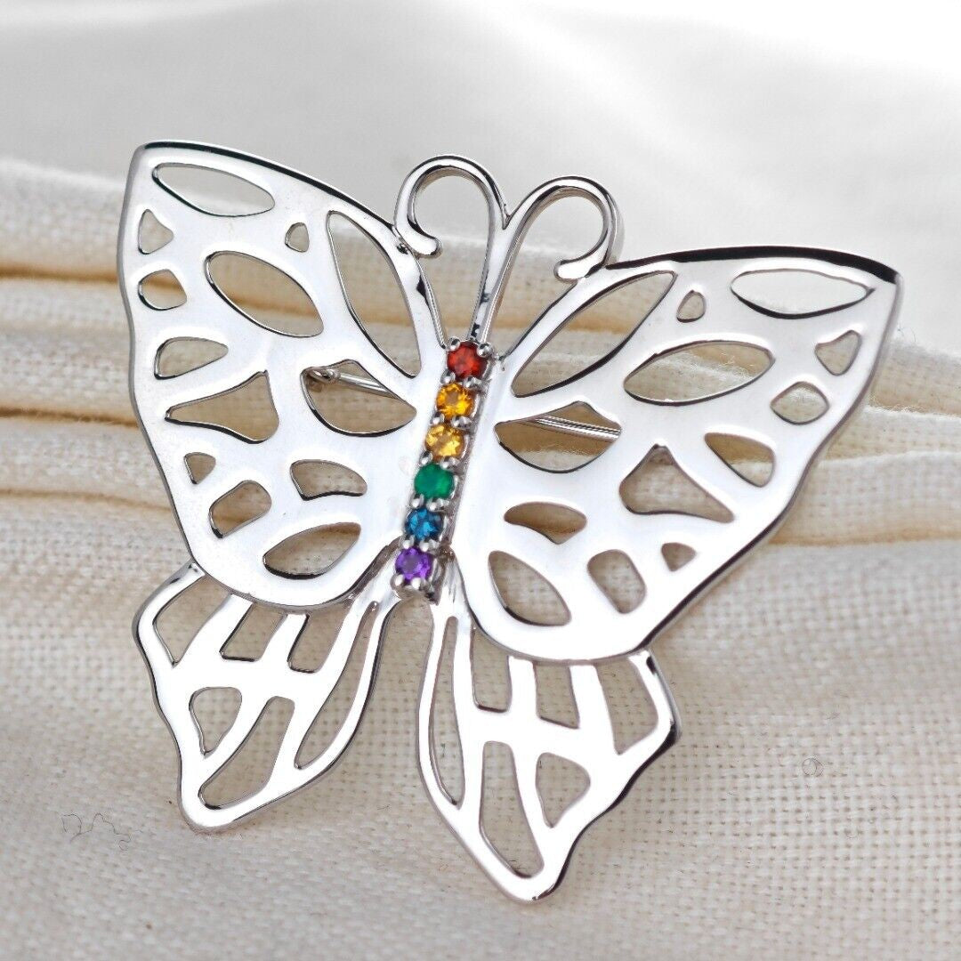 Silver Rainbow Butterfly Brooch Multi Natural Gemstone Pride