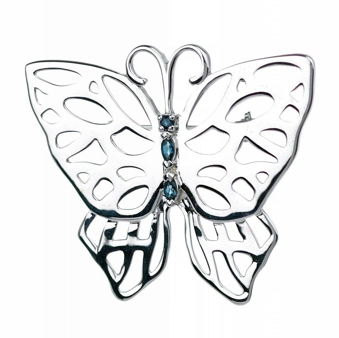 Sterling Silver Butterfly Brooch London Blue Topaz Treated Natural Gemstone