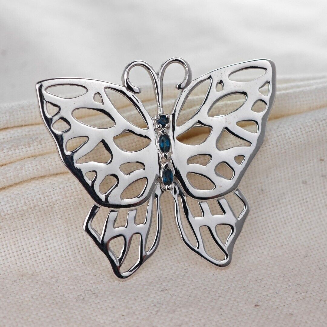 Sterling Silver Butterfly Brooch London Blue Topaz Treated Natural Gemstone