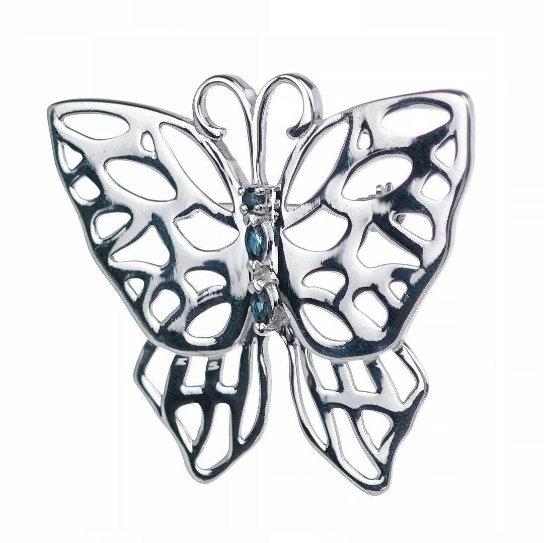 Sterling Silver Butterfly Brooch London Blue Topaz Treated Natural Gemstone