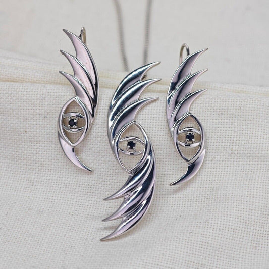 Evil Eye Sapphire Necklace Dangle Earrings Set Sterling Silver Natural Blue Gemstone