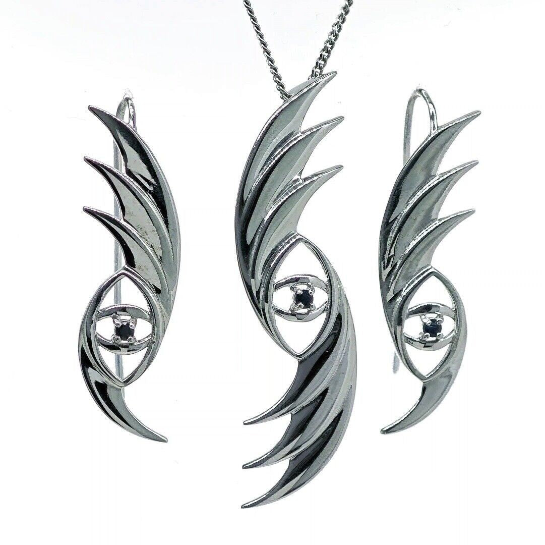 Evil Eye Sapphire Necklace Dangle Earrings Set Sterling Silver Natural Blue Gemstone