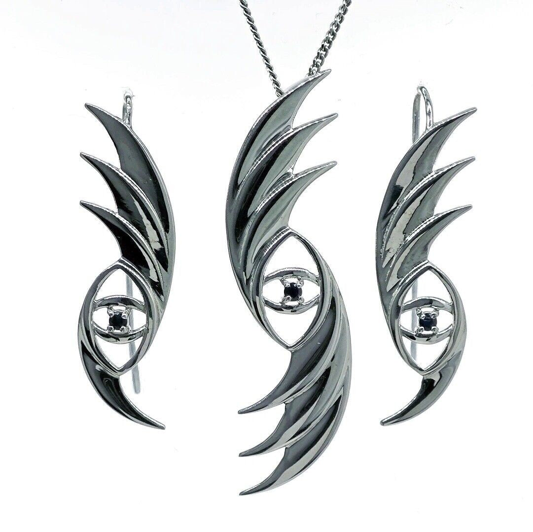 Evil Eye Sapphire Necklace Dangle Earrings Set Sterling Silver Natural Blue Gemstone