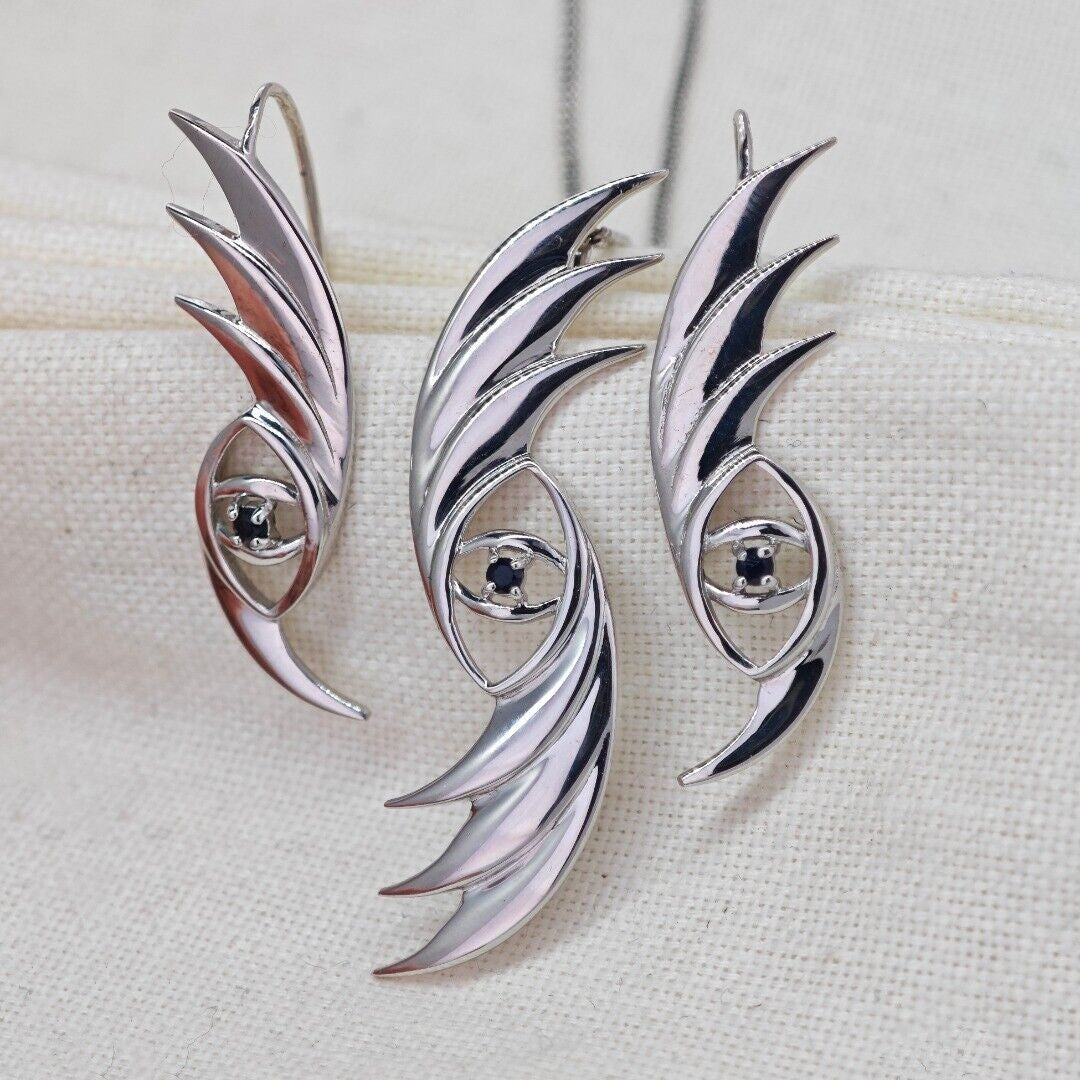 Evil Eye Sapphire Necklace Dangle Earrings Set Sterling Silver Natural Blue Gemstone