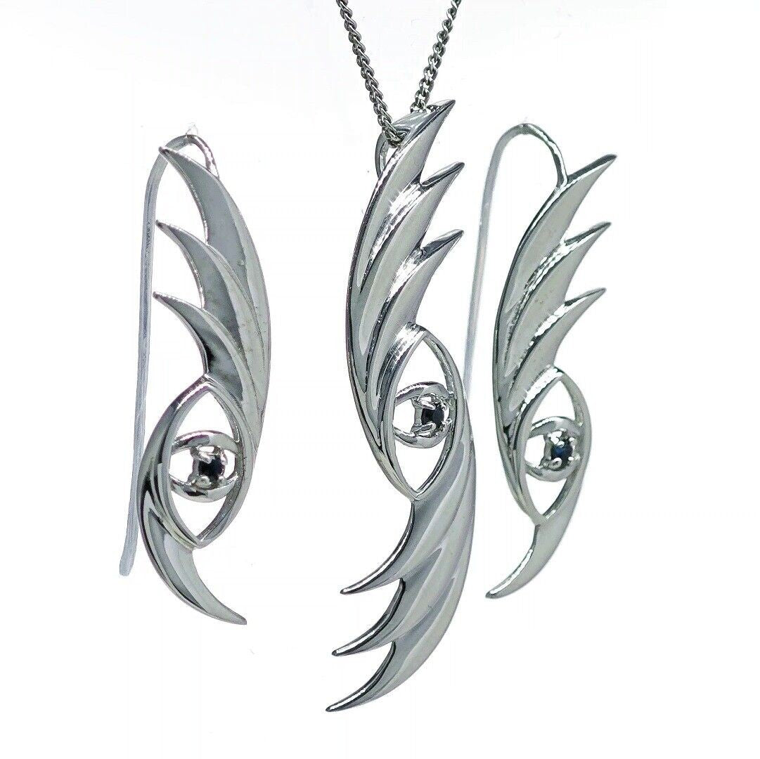 Evil Eye Sapphire Necklace Dangle Earrings Set Sterling Silver Natural Blue Gemstone