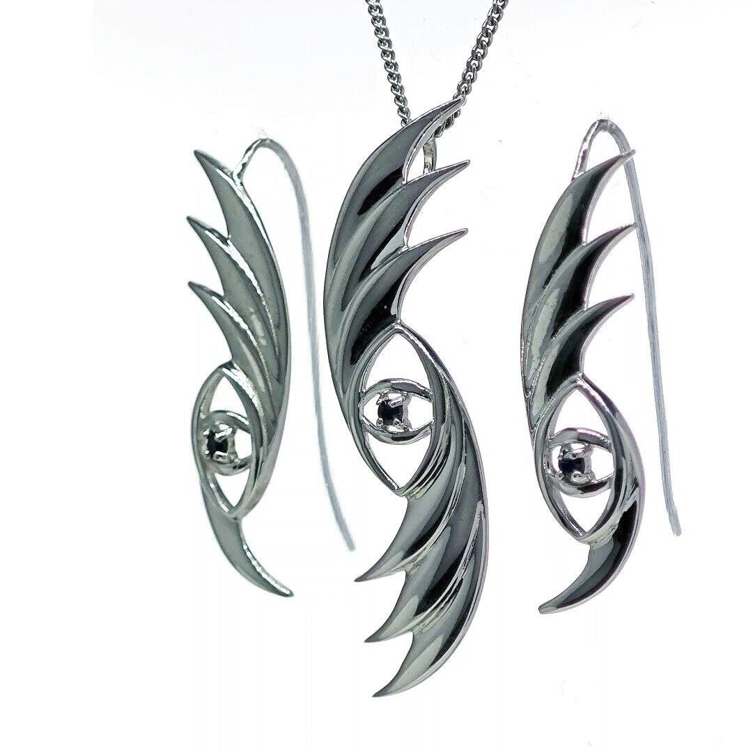 Evil Eye Sapphire Necklace Dangle Earrings Set Sterling Silver Natural Blue Gemstone