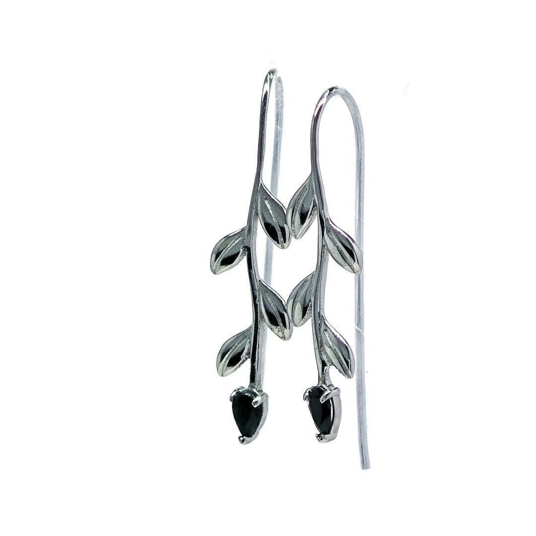 Sapphire Dangle Earrings Leaf Motif Natural Blue Gemstones Hook